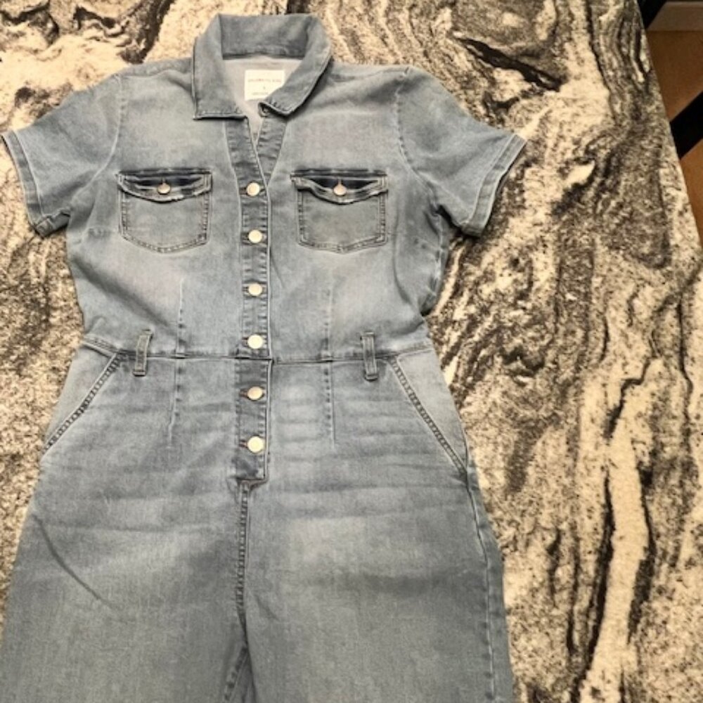 Celebrity‎ Pink Slim Fit Short Sleeve denim jumpsuit one-piece elastic waist L